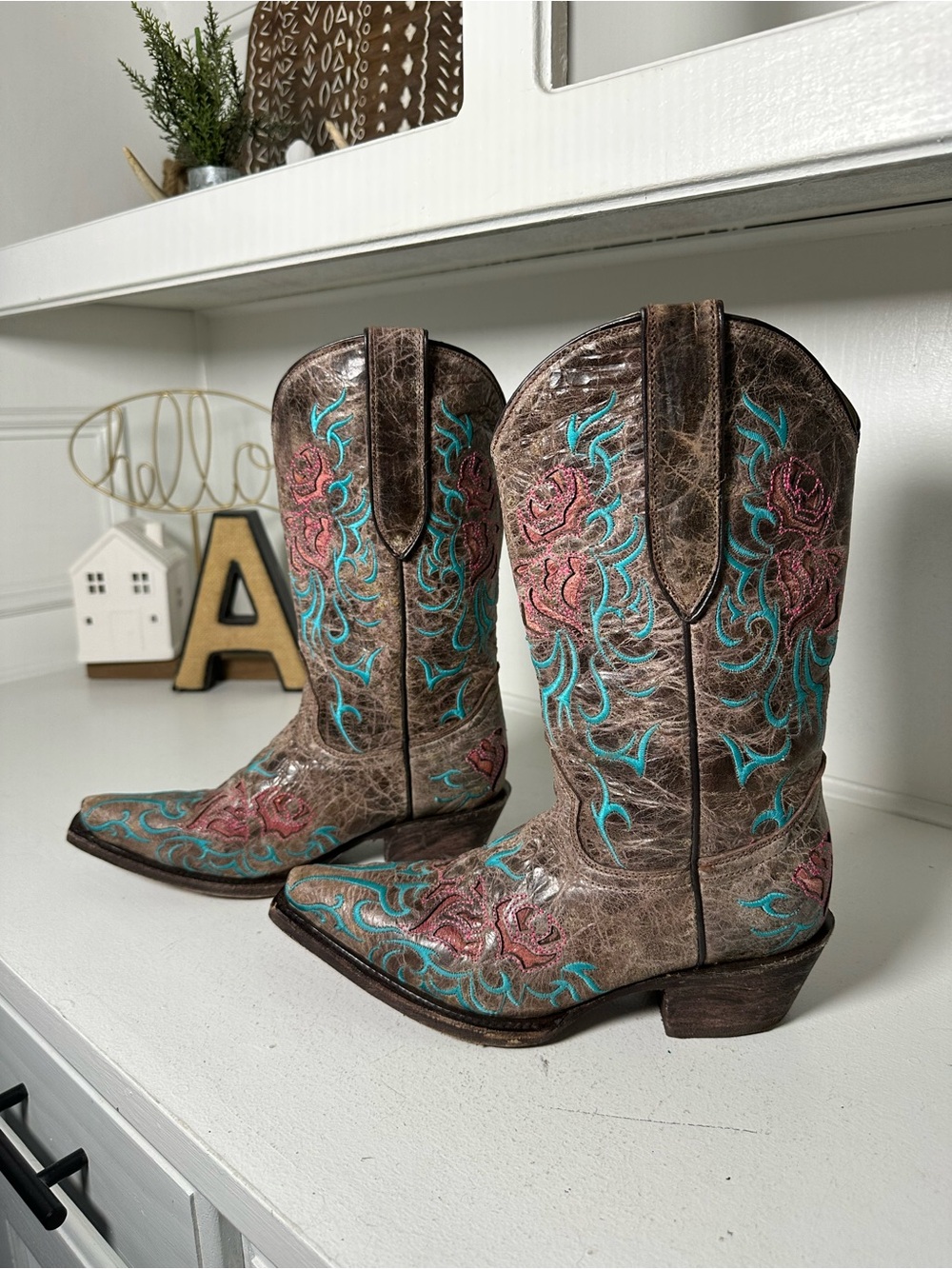 Redhawk Cowboy Boots Women's 7 Brown Turquoise Embroidered Western Boots